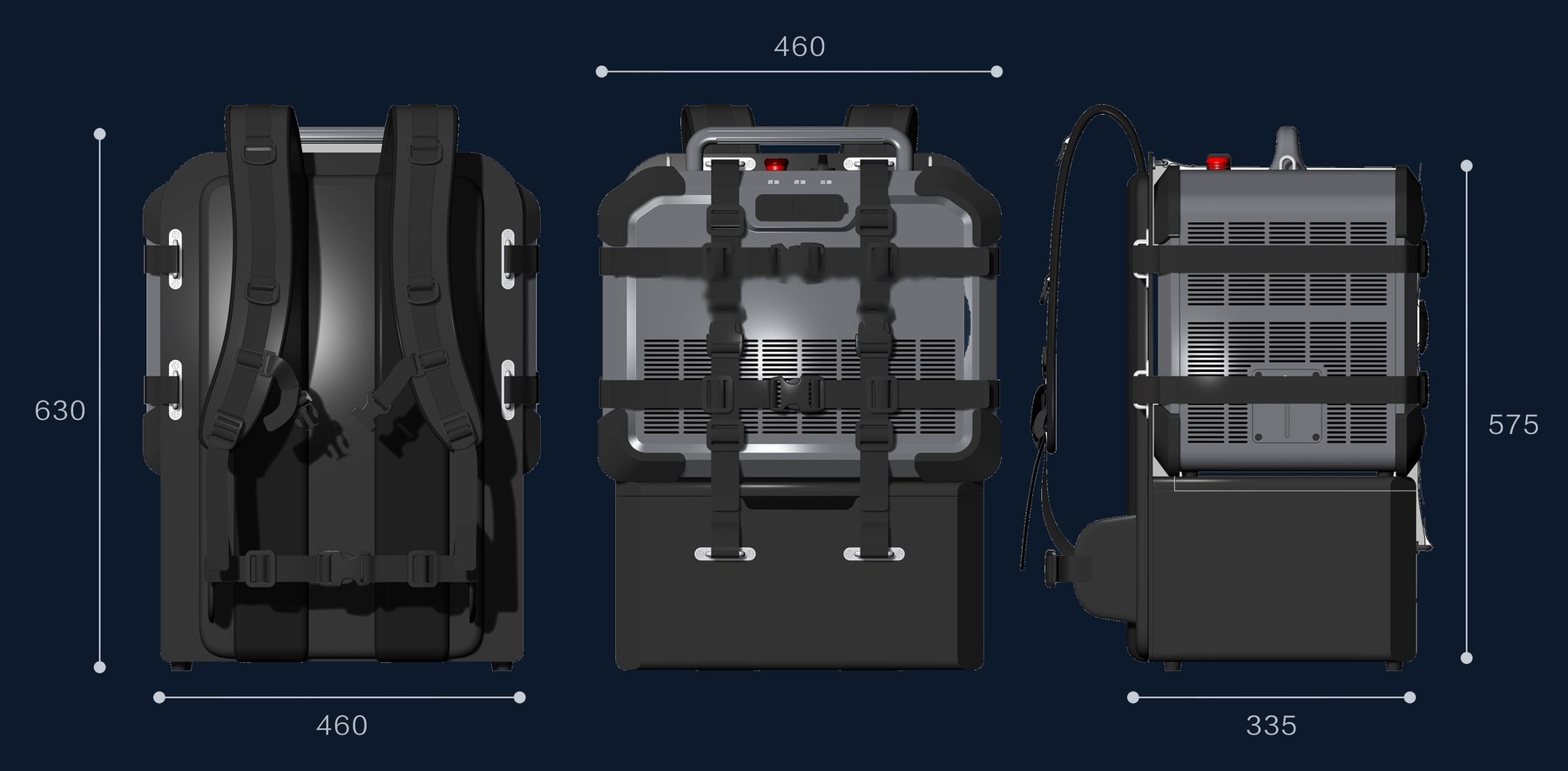 Dimensioned elevation drawing of the backpack set, seen from the back, the front and the side, marked 460, 630, 335 and 575 millimeters.