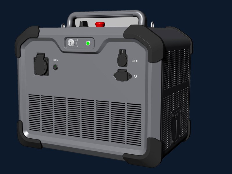 Design render of the generator case seen from the rear. A gray panel carries a keyswitch, a red emergency stop, a green indicator, a mains socket and two connector ports above a louvered exhaust grille.