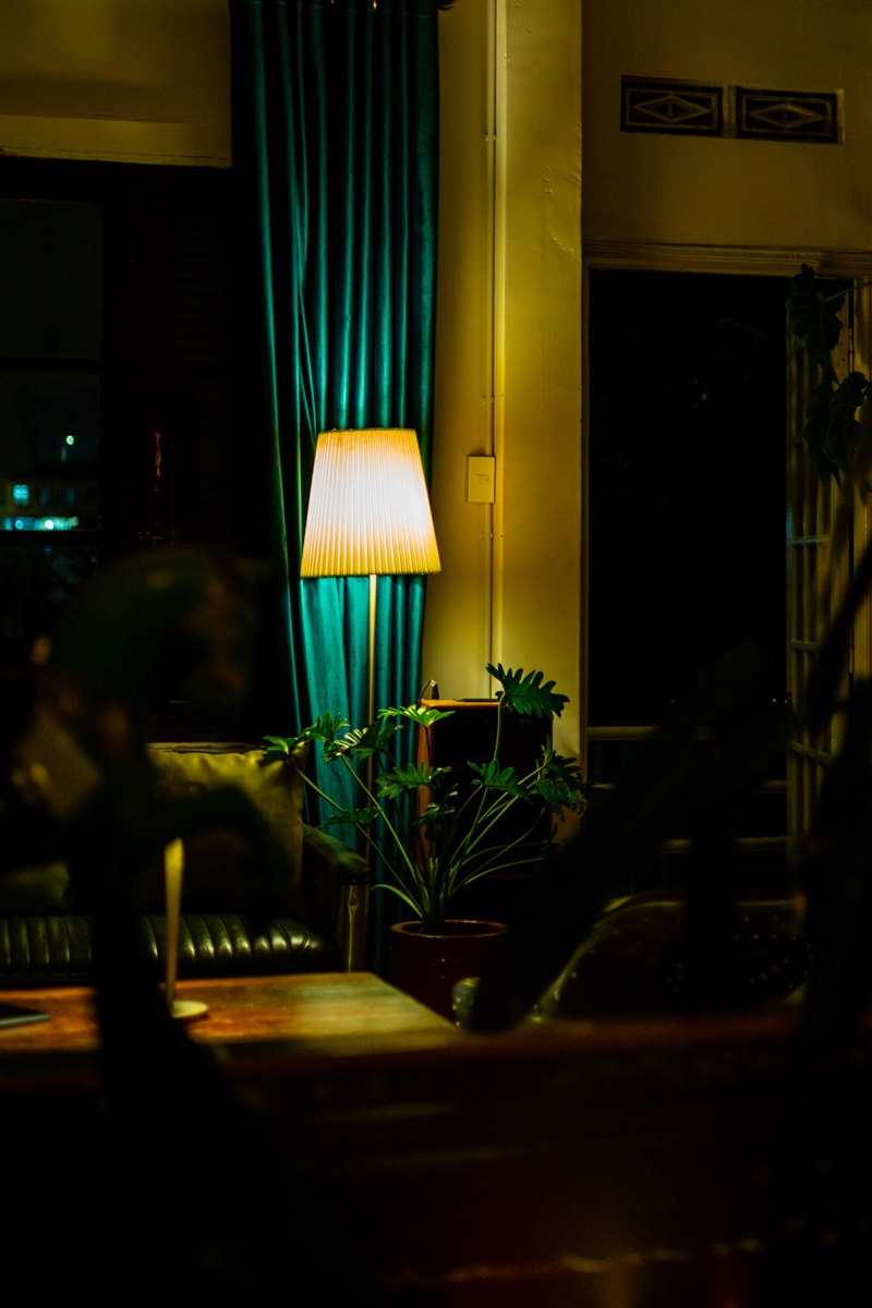 A lit floor lamp beside teal curtains and a houseplant in an otherwise dark room at night.