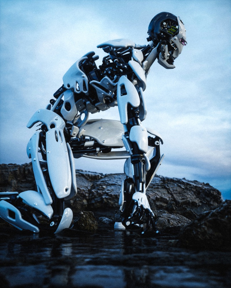 A white and black humanoid robot crouches on wet rock against an overcast sky.