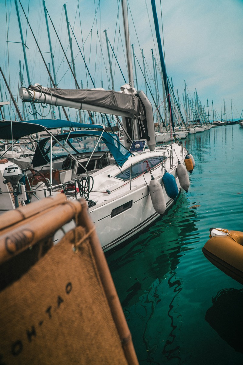 Sailing yachts moored side by side in a marina, masts crowding the skyline above still turquoise water.